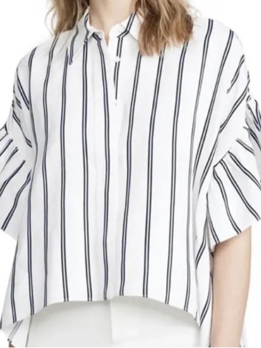 Alice + Olivia White Top with Navy Vertical Stripes
